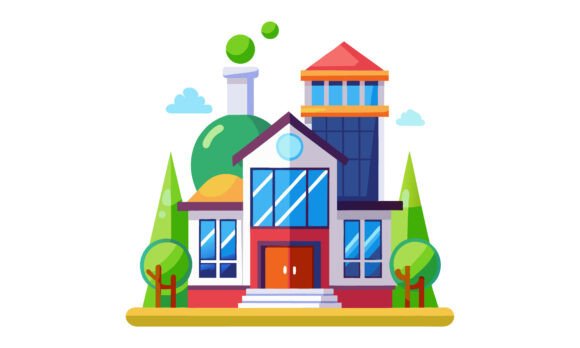 Modern Cartoon School Building Graphics for Crafts